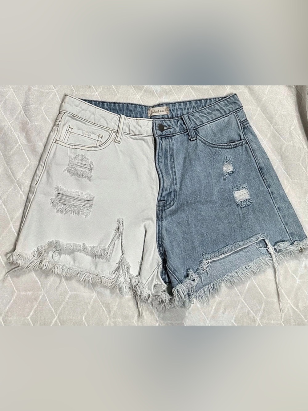 Altar’d State Two Tone Distressed Denim Shorts Blue & White